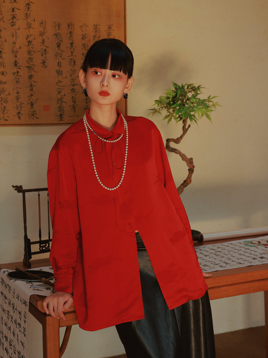 China Embroidery Satin Glossy Elegant Color-Shirt