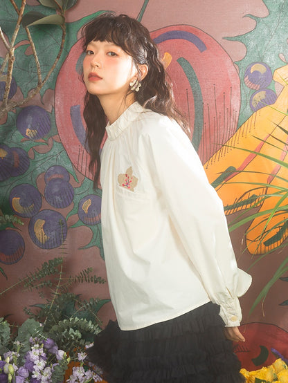 Cherry Blossom Embroidery Bottle-neck Shirt