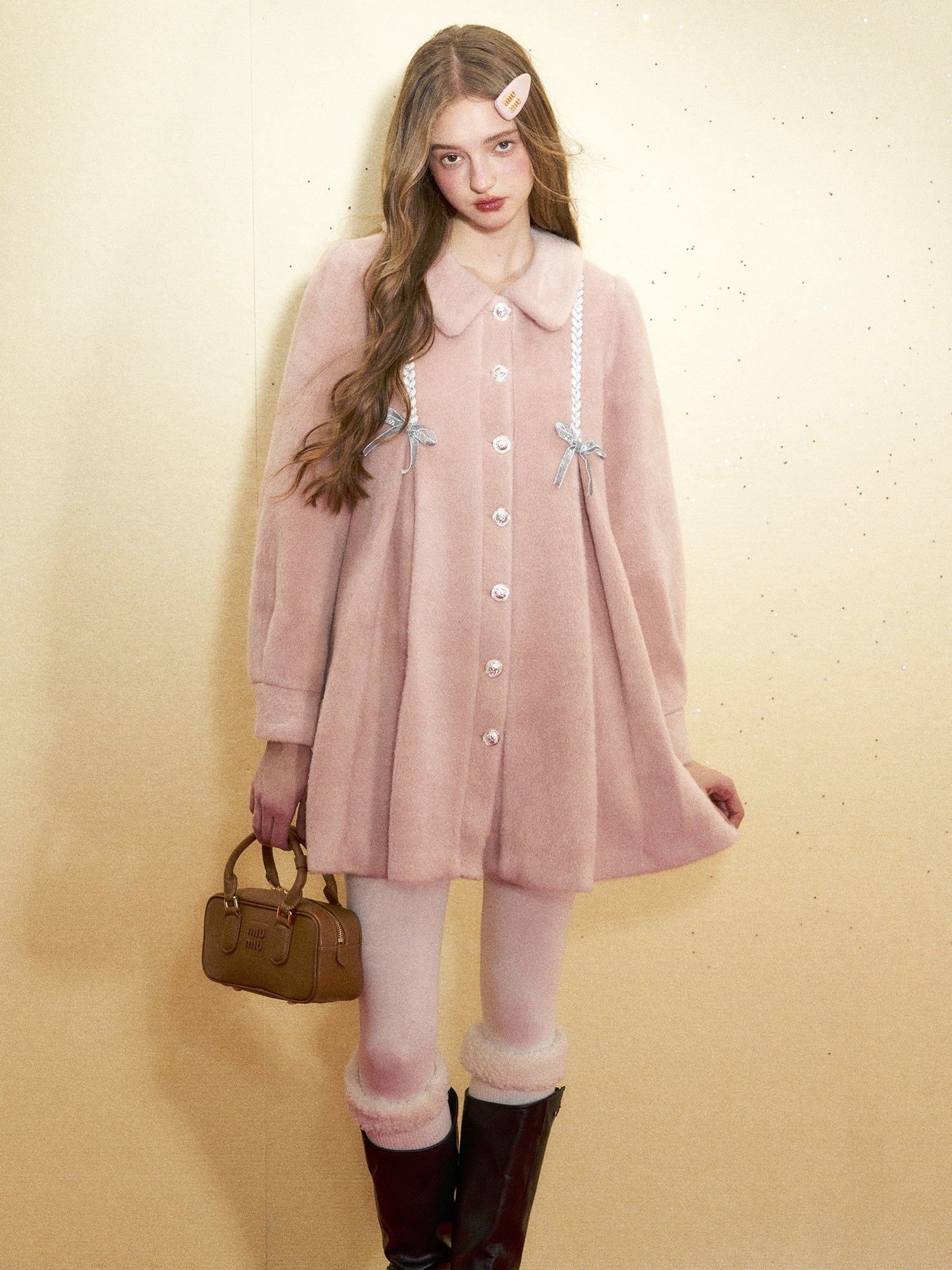 Doll Collar Stitching Bow A-Line Coat