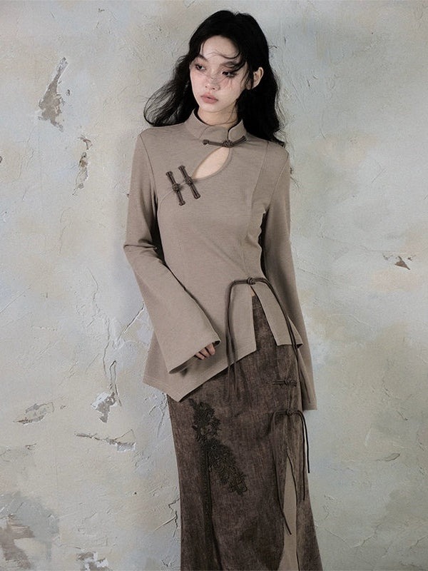 Chinese Style Cut-out Mao Collar Top ＆ Spliced Maxi Skirt