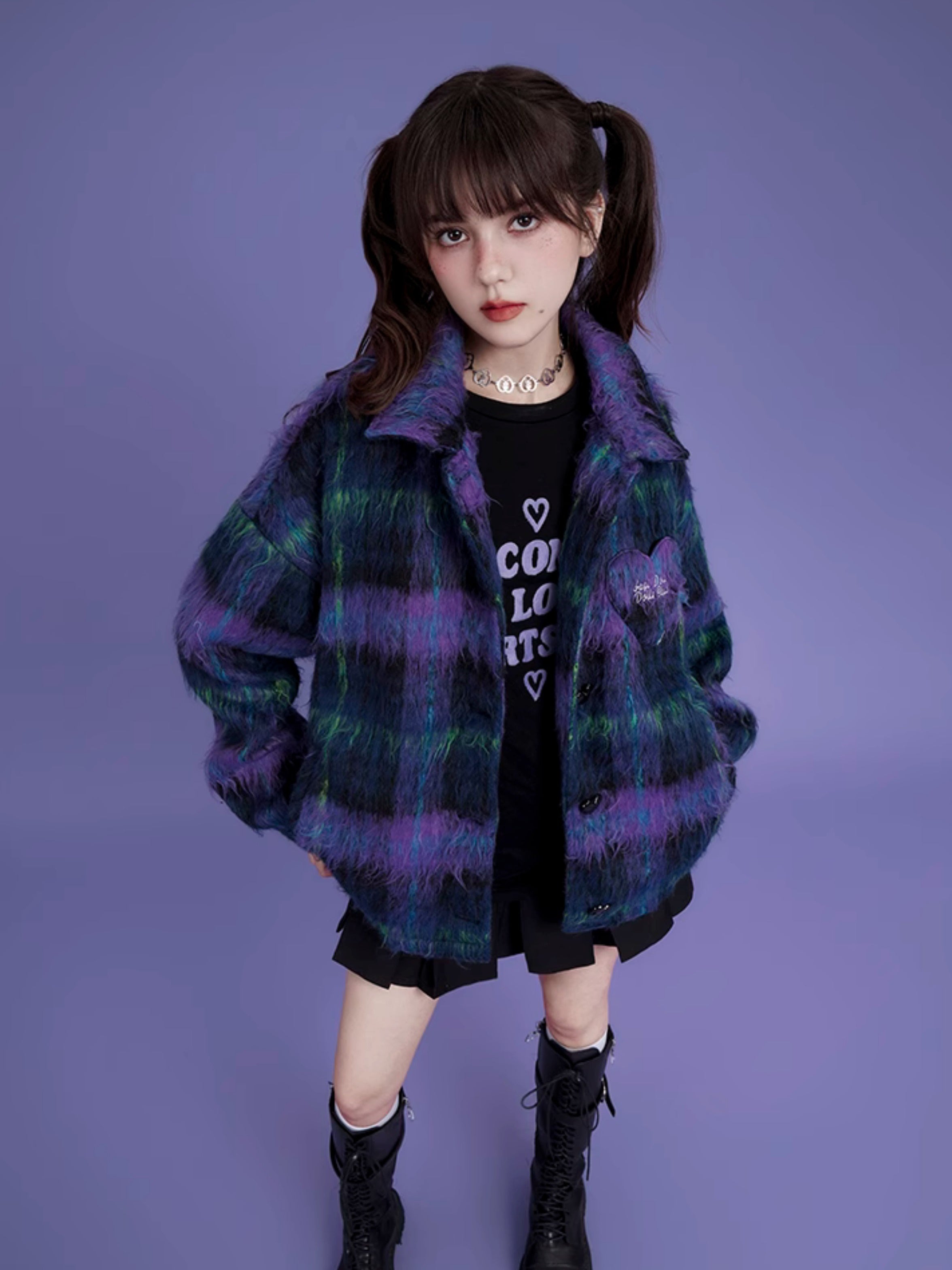 Loose Plaid Long Hair Warm Coat