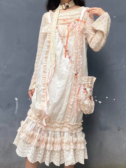 Robe brodé de dentelle plissée rétro lâche