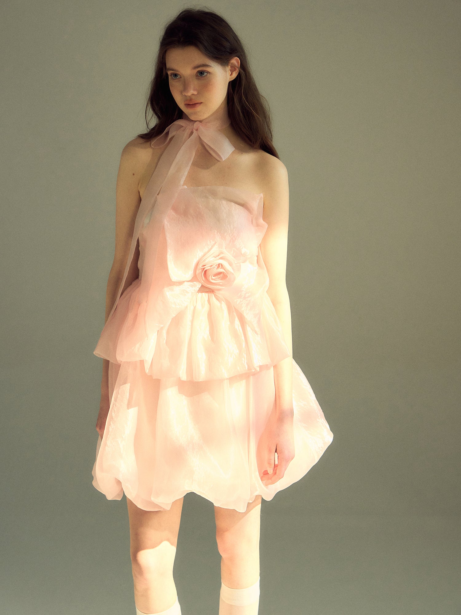 THREE-DIMENSIONAL Rose Organza Bare Top Dress