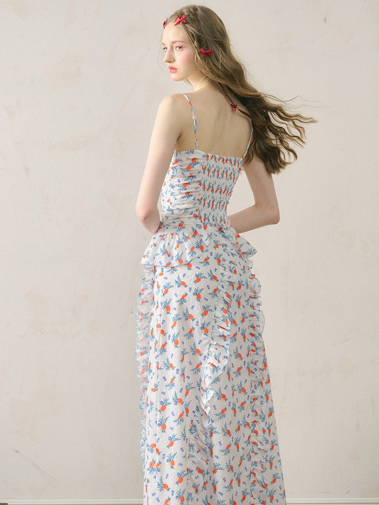 Floral Suspender Tuck Pleated Long Dress