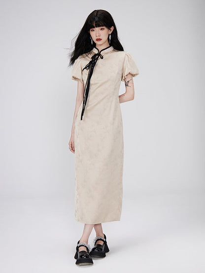 Color Trim Chinese Style Puff Sleeve Dress