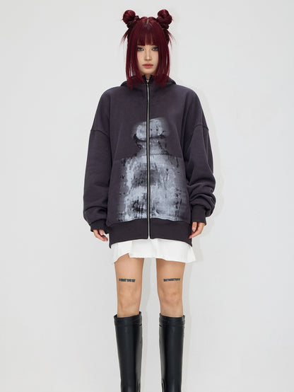 Blurred Portrait Print Zipper Hoodie