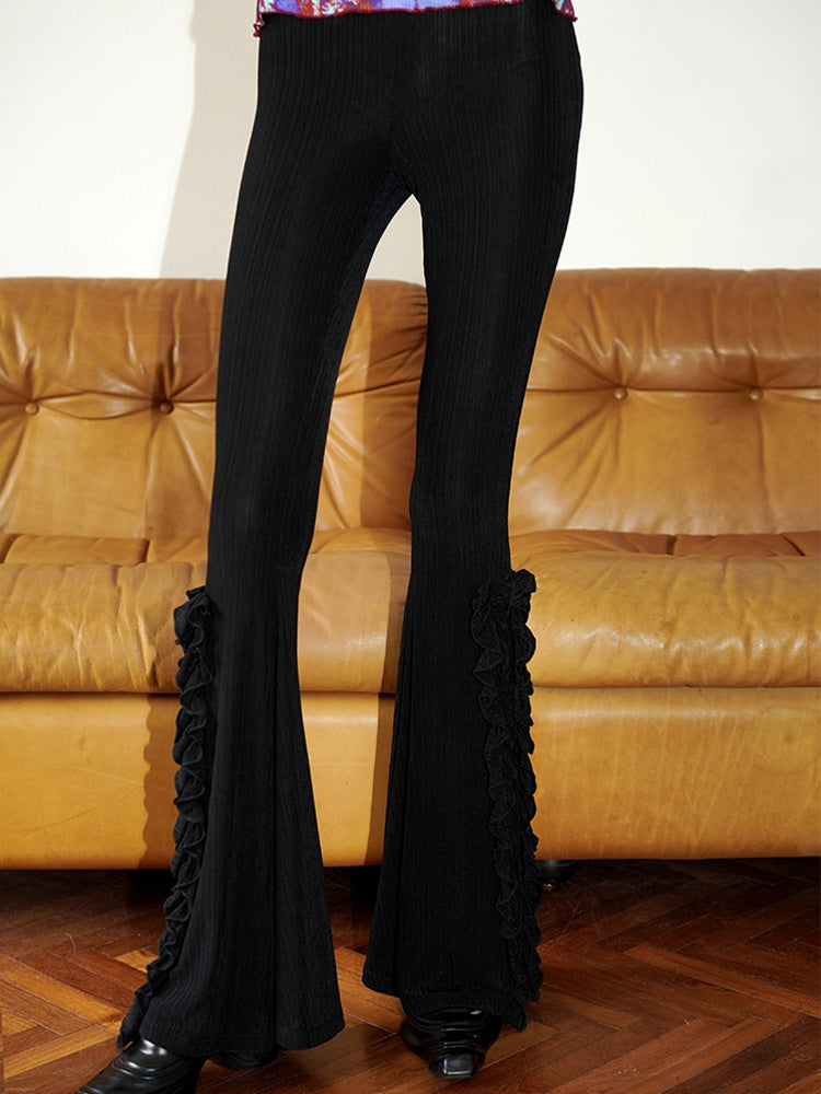 Frill Stretch Knit Long Flared Pants