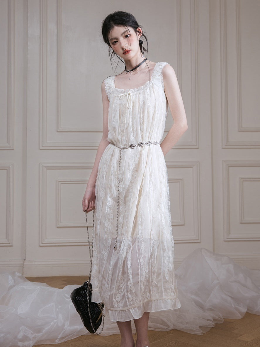 Chiffon Sleeveless Lace Long Dress