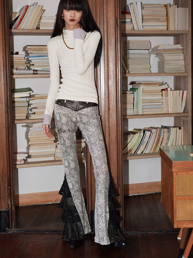 Lace Splicing Snake Pattern Imitation Leather Slim Flare Pants