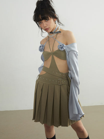 Hollow Belt Decoration Pleated Suspender Skirt