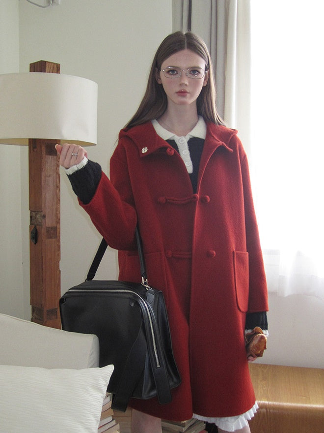 Vivid Hoodie Oversize Wool Simple Long-Coat