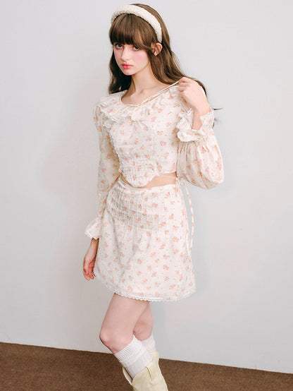 Floral Frill Collar Cropped Shirt ＆ A-Line Mini Skirt