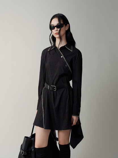 Asymmetric Stripe Slant Button Shirt Dress