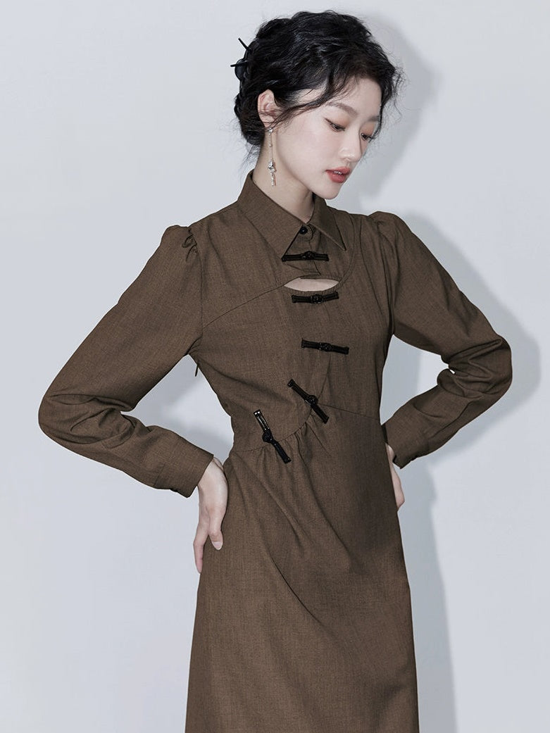 Chinese Style Hollow Mid-length Shirt Dress