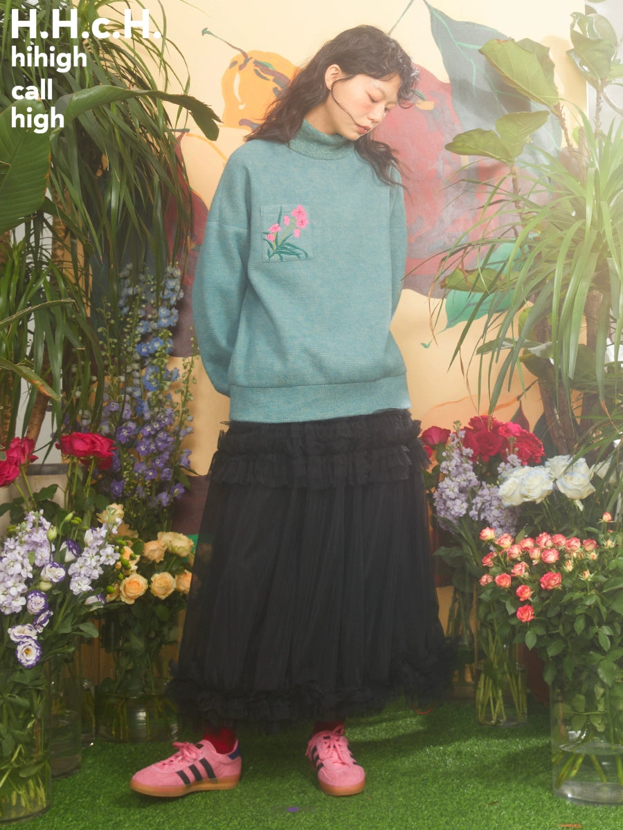 Butterfly Orchid Embroidery High-neck Sweater