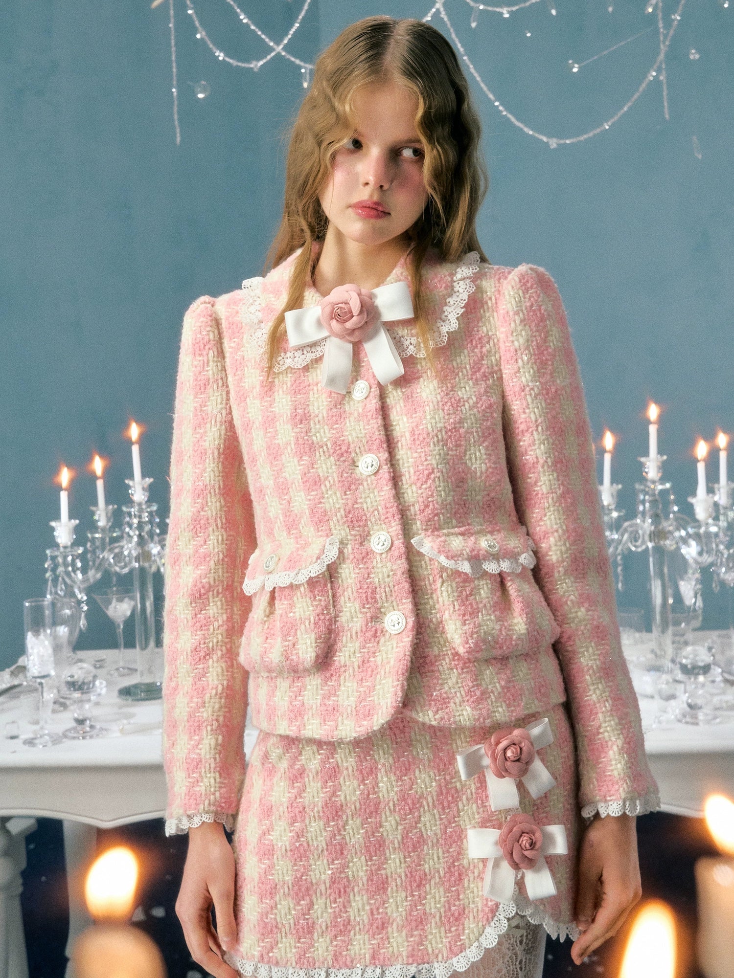 Plaid Bow Flower Brooch Lace Padded Short Jacket ＆ Skirt