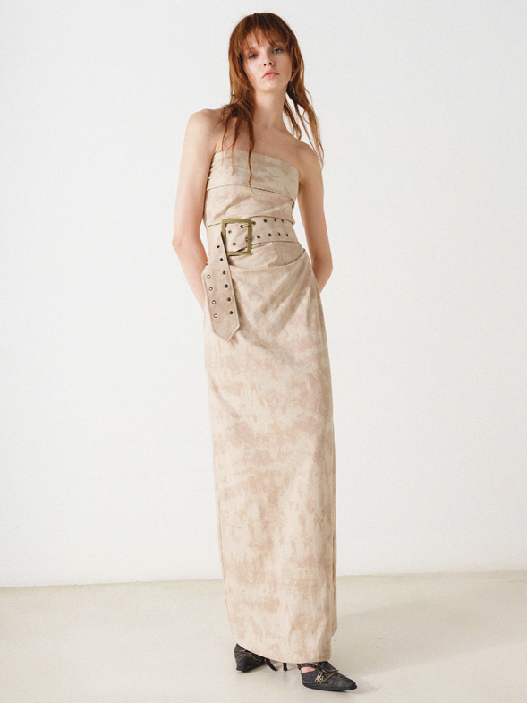 Bare Top Slim Long Dress With Belt