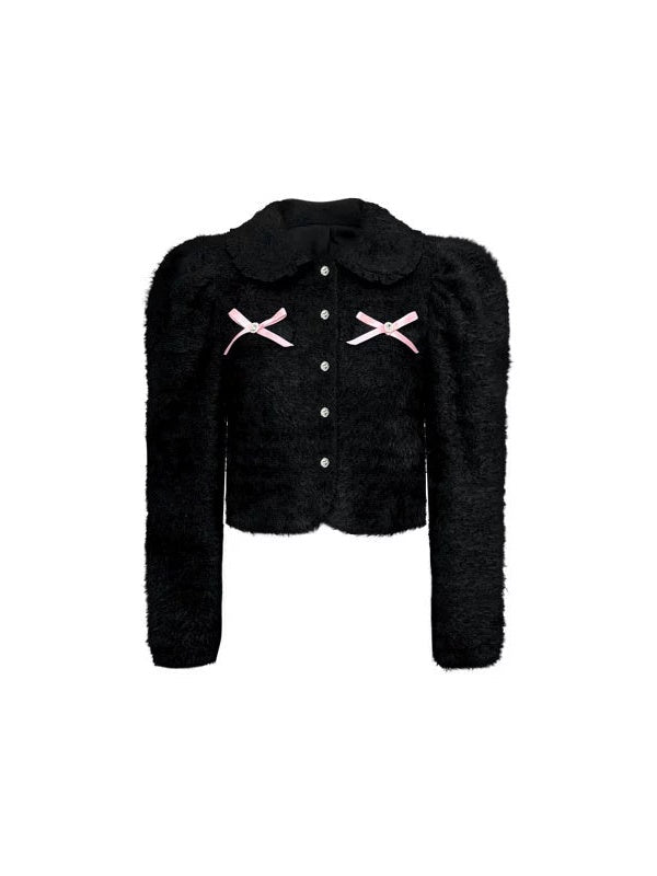 Bow Decoration Lace Collar Puff Sleeve Fluffy Shirt