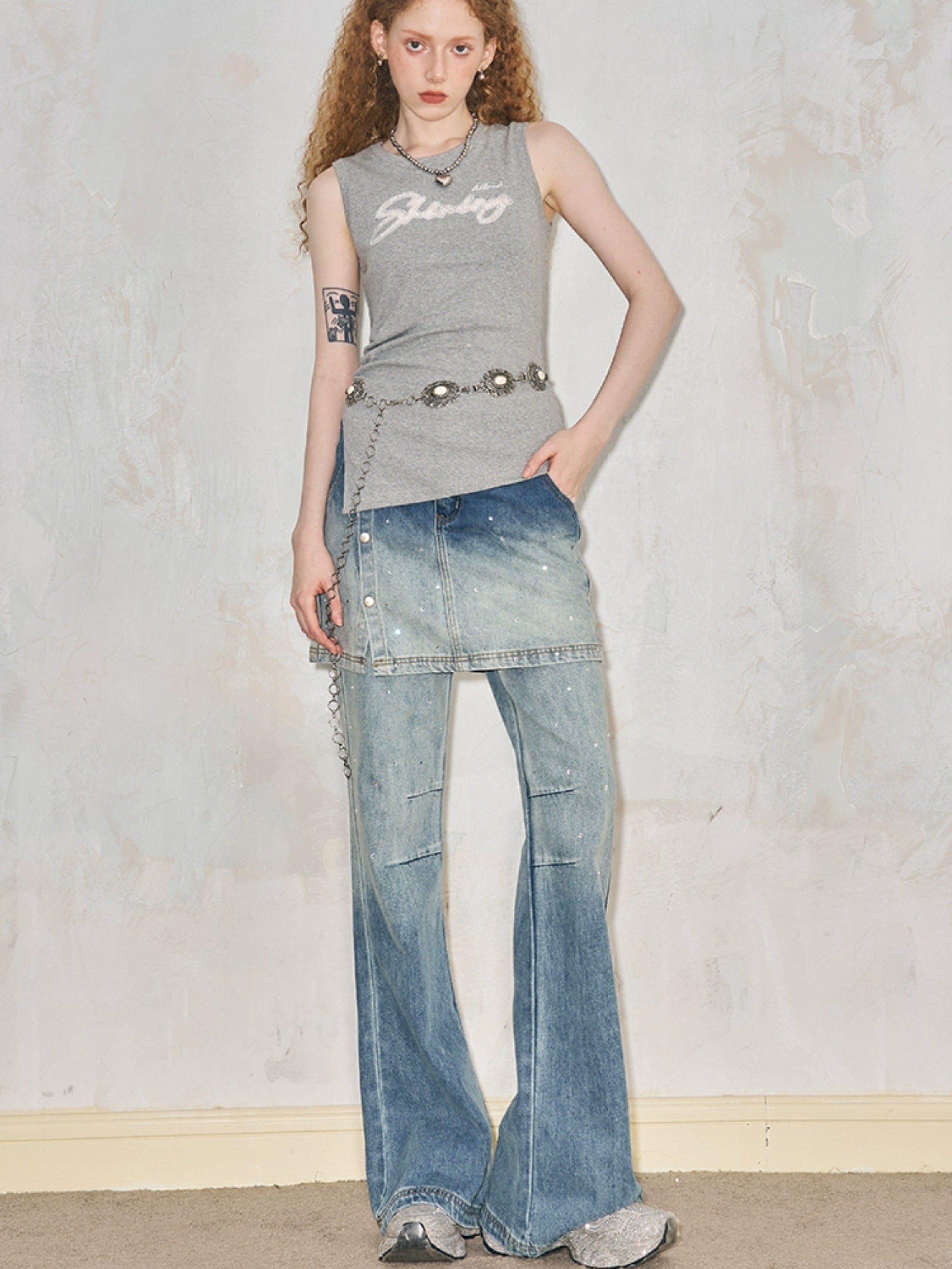 Fake Two-piece Gradation Wash Flared Denim Skirt Pants