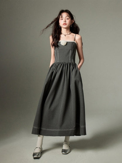 Three-dimensional Rose Brooch Sling Dress