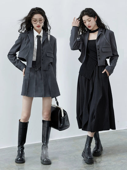 College Style Design Jacket ＆ Pleated Skirt ＆ Jacquard Shirt