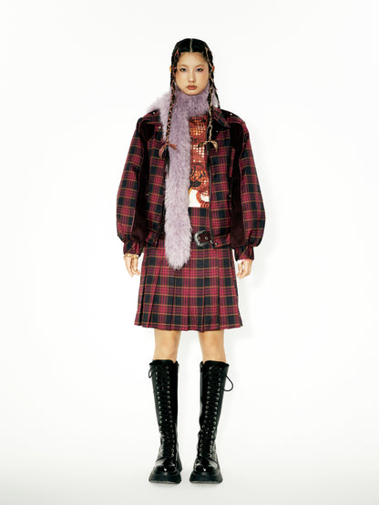 Plaid Stitching Strip Design Short Padded Jacket &amp; Pleated Skirt