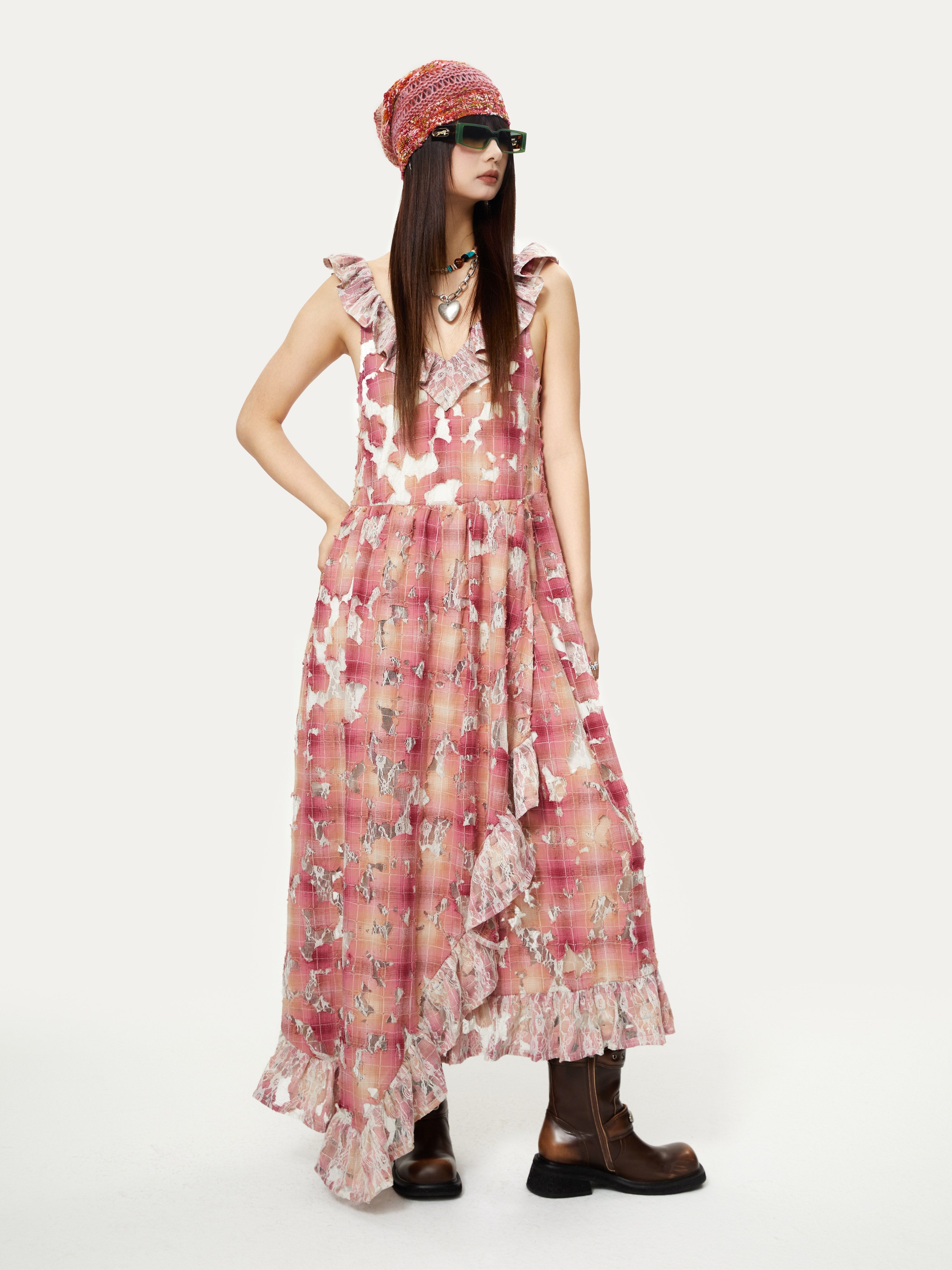 Holed Lace Plaid Irregular Slim Dress