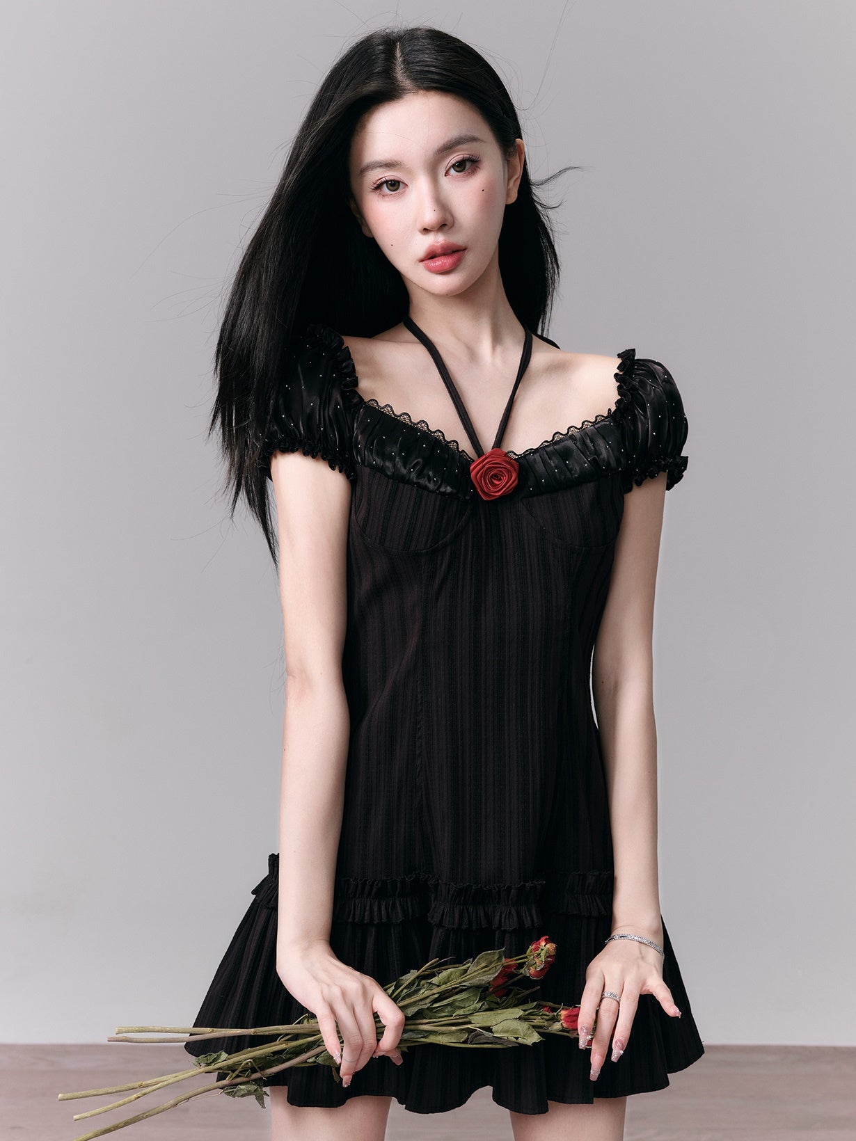 Rose Motif Puff Sleeve Stripe Doll Dress