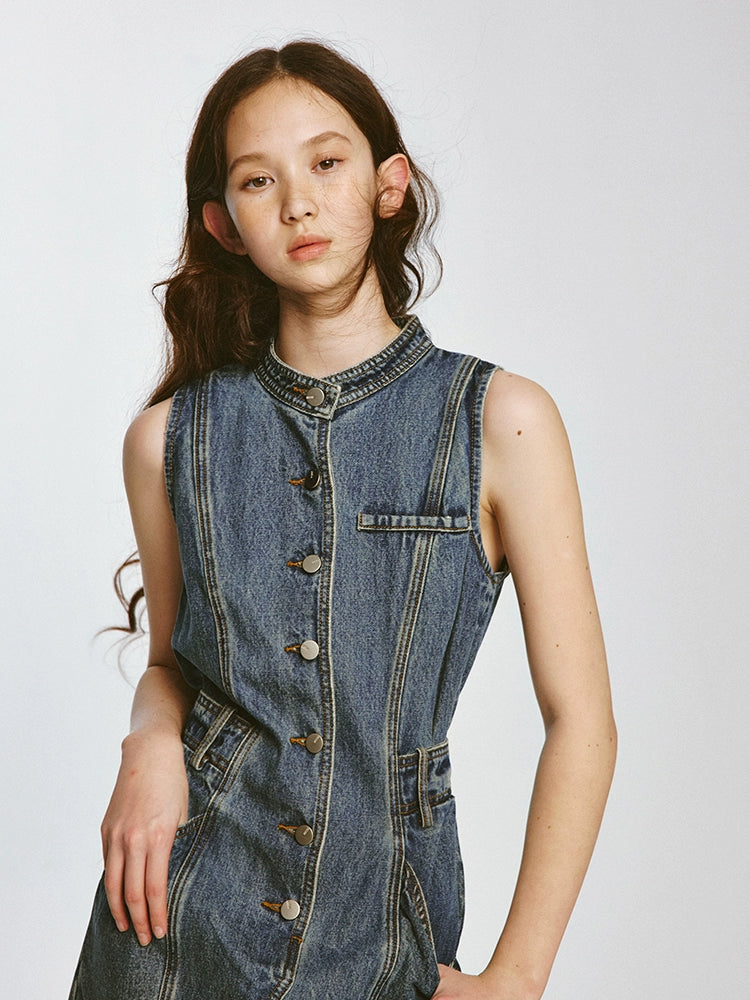 Rretro Stand-up Collar Denim Sleeveless Dress