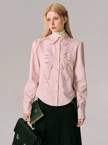 Bow Cut-out Embroidered Long-sleeved Shirt