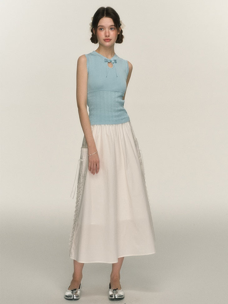 Side Lace Stitch Long Gather Skirt