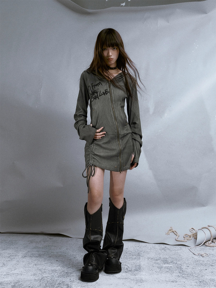 Washed Old Pocket Zipper Hooded One-piece