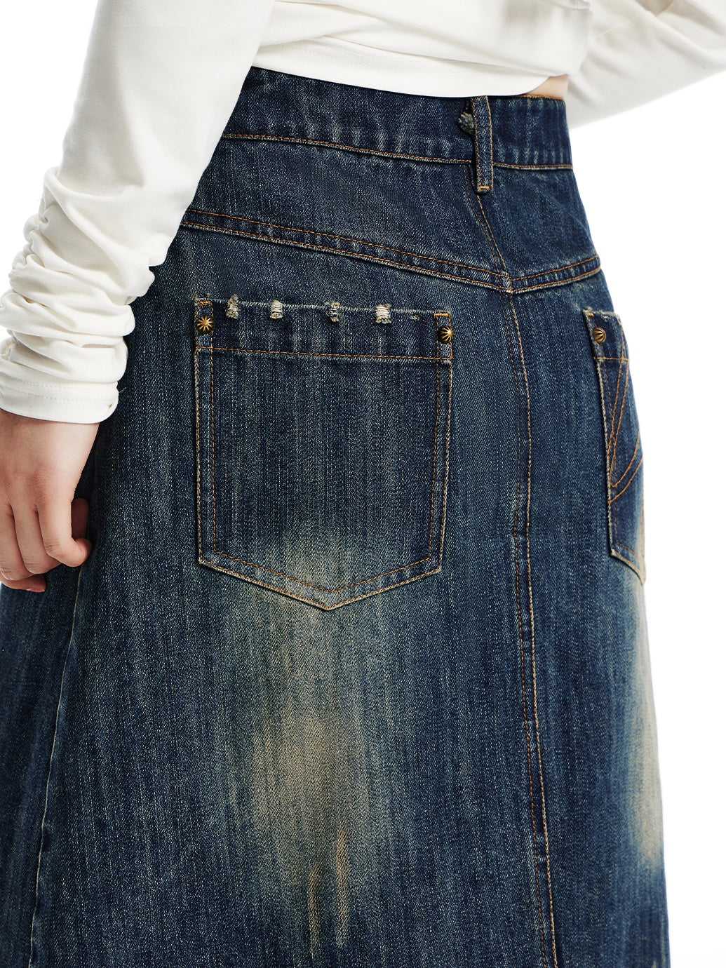 Distressed Washed Denim A-line Mid-length Skirt