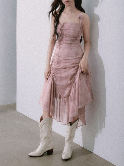 Asymmetric Wrinkled Suspender Dress