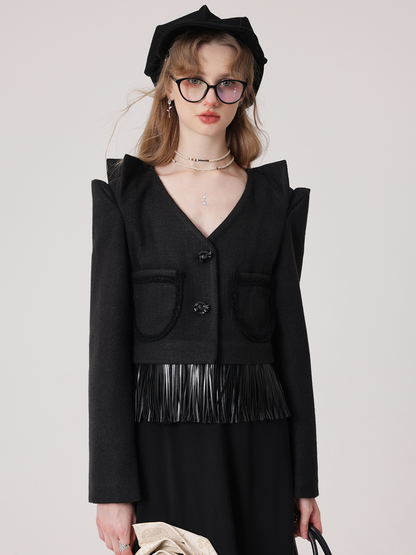 3 차원 꽃잎 어깨 디자인 PU Tassel Short Jacket