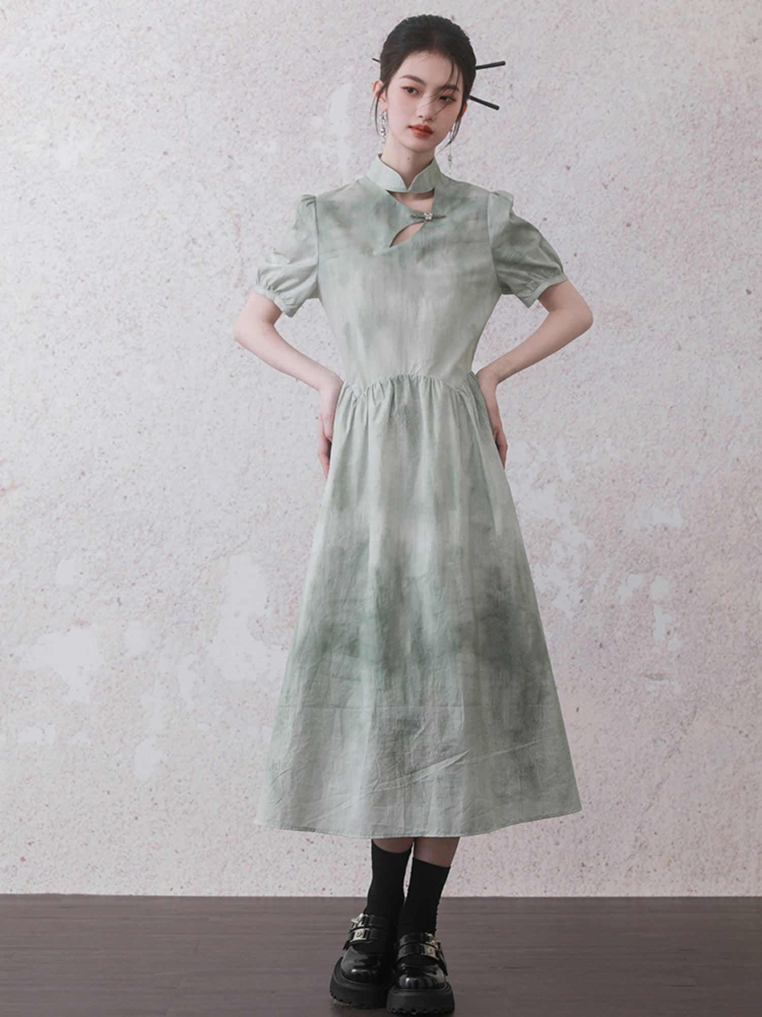 Chinese Style Tie-dye Puff Sleeve Dress