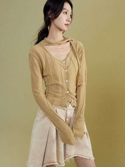 Irregular Line Stitch Tie Cardigan