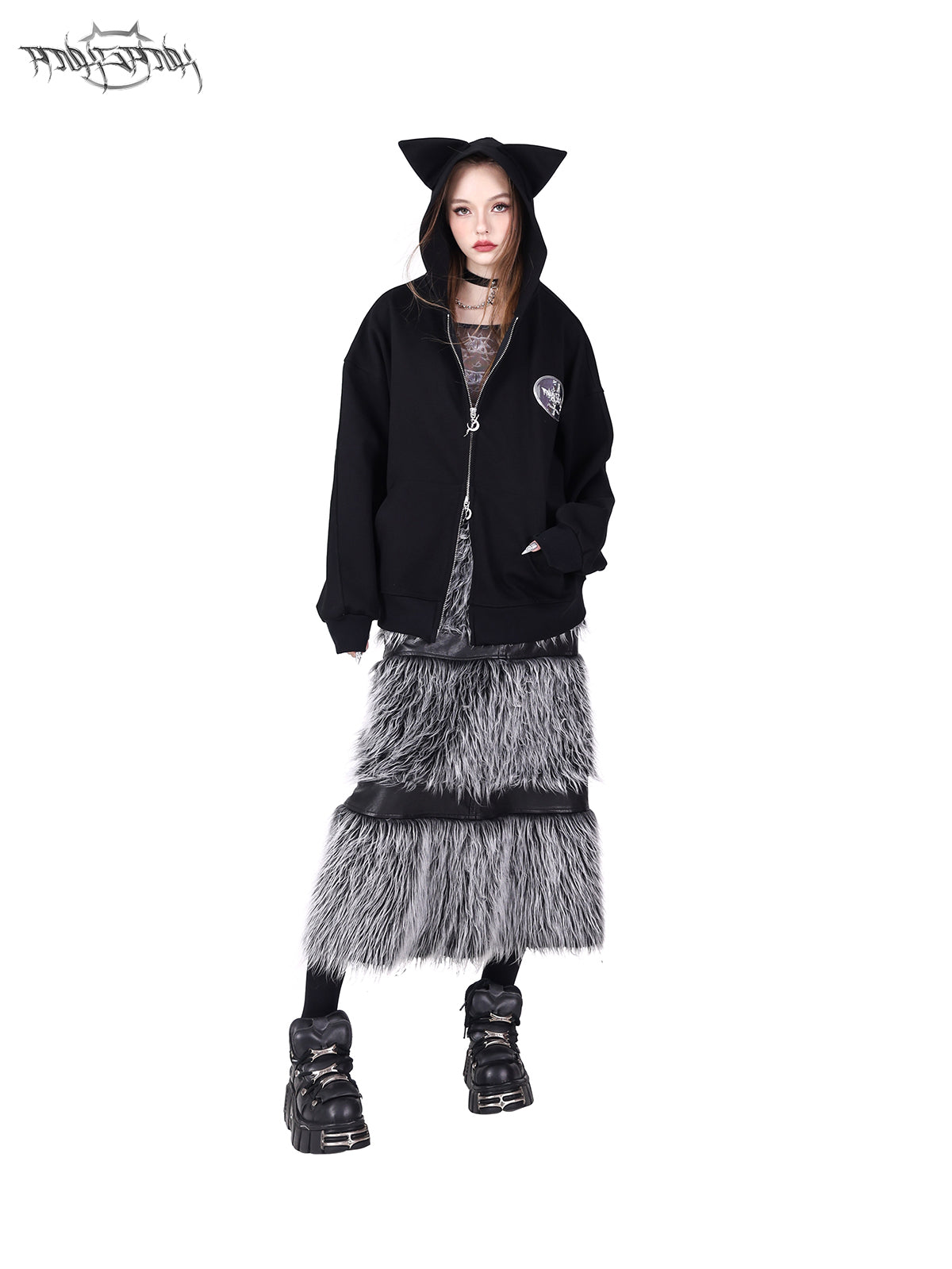 Front And Back 2Way Spliced Fur Double Zipper Leather Skirt