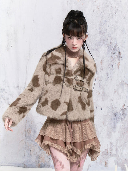 Cow Pattern Leather Buckle Fur Short Coat