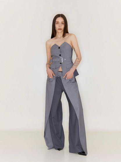 Folding Waist Pleated Wide-leg Pants