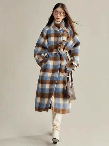 Retro Plaid Stand Collar Toggle Coat