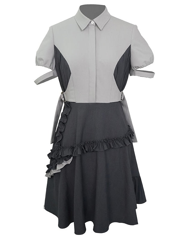 Side Waist Stitching Shirt Collar One-piece