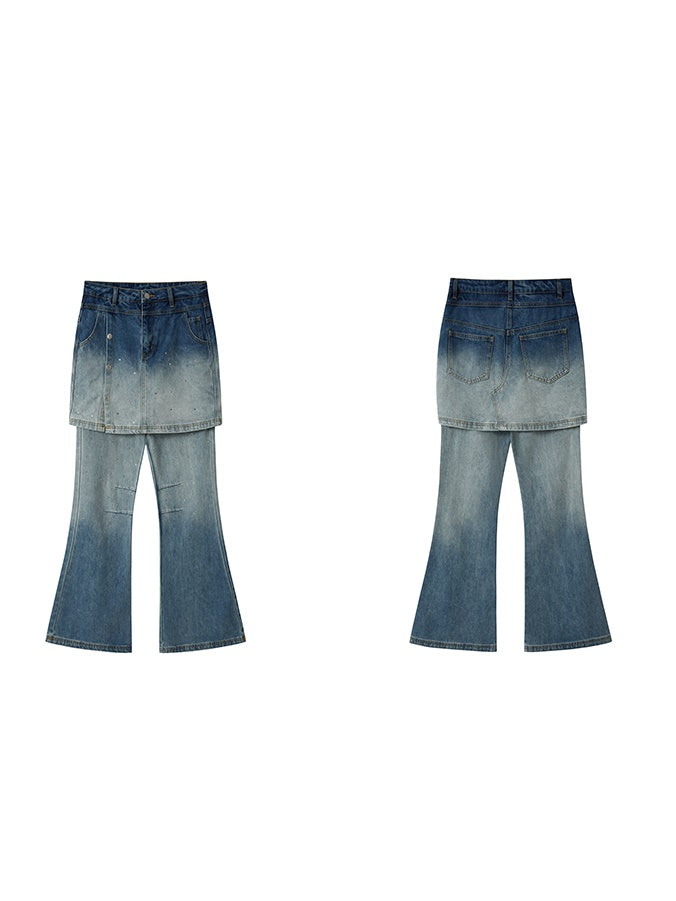 Fake Two-piece Gradation Wash Flared Denim Skirt Pants