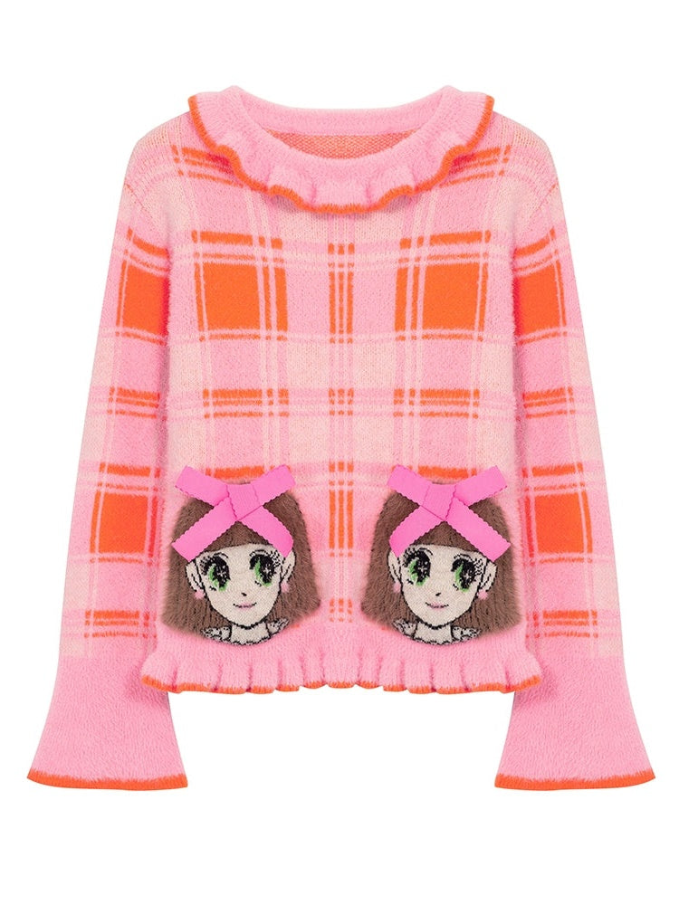 Plaid Girl Pocket Soft Plush Knitted Pullover