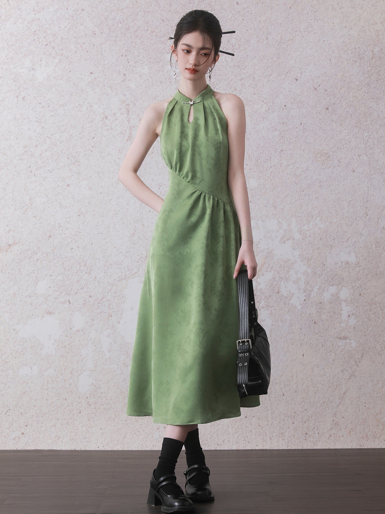 Chinese Style American Sleeve Switching Gather Dress