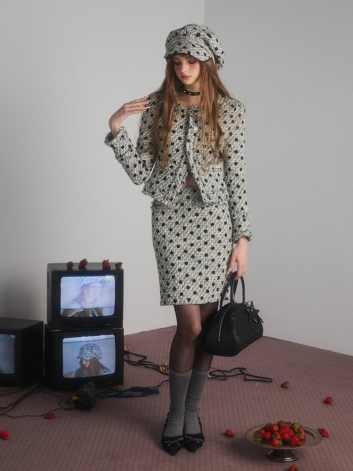 Polka Dot Tweed No-Collar Jacket &amp; Skirt