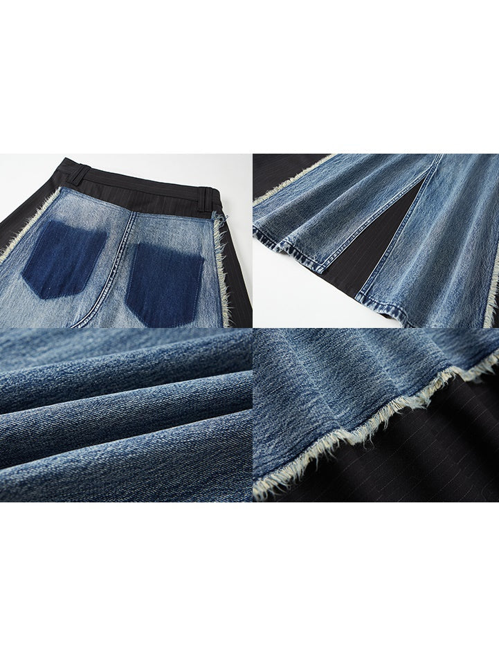 Geometric Cut Washed Raw Edge Denim Patchwork Skirt