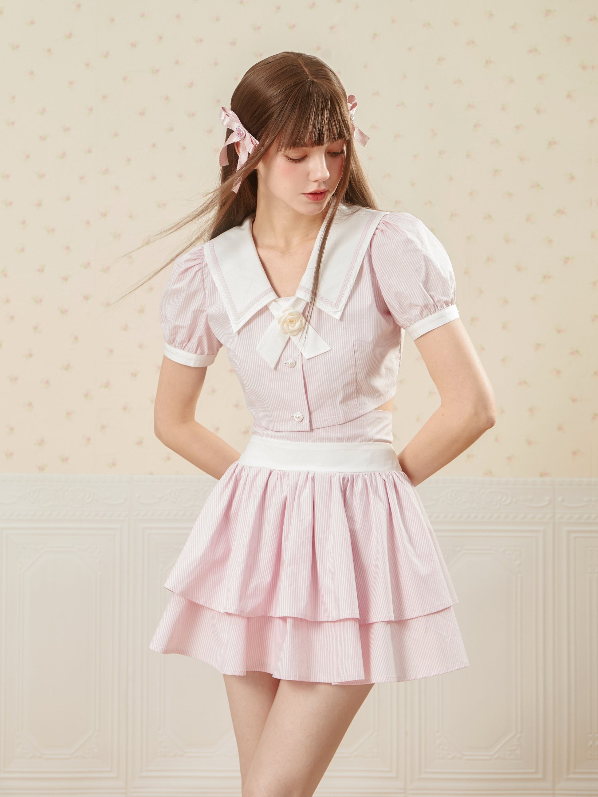 Stripe Sweet Puff Sleeve Top &amp; 2LENGTHE SKIRT