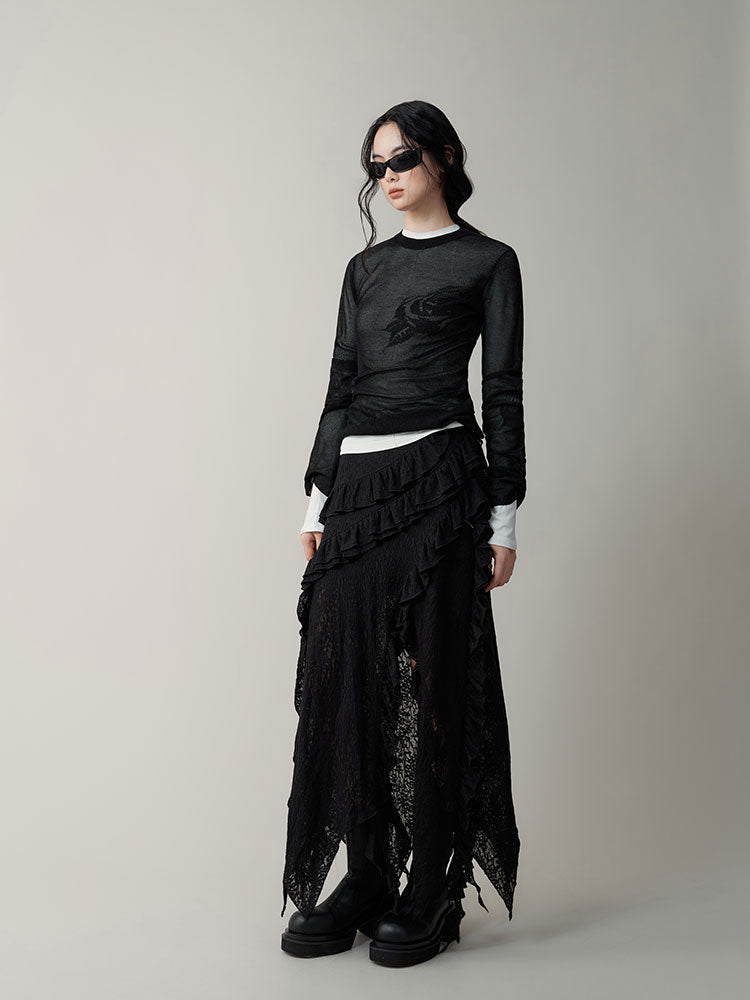 Layered Jacquard Transparent Ear Edge Irregular Skirt