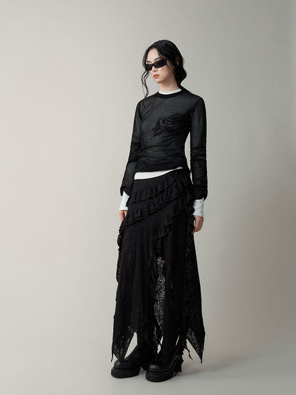 Layered Jacquard Transparent Ear Edge Irregular Skirt